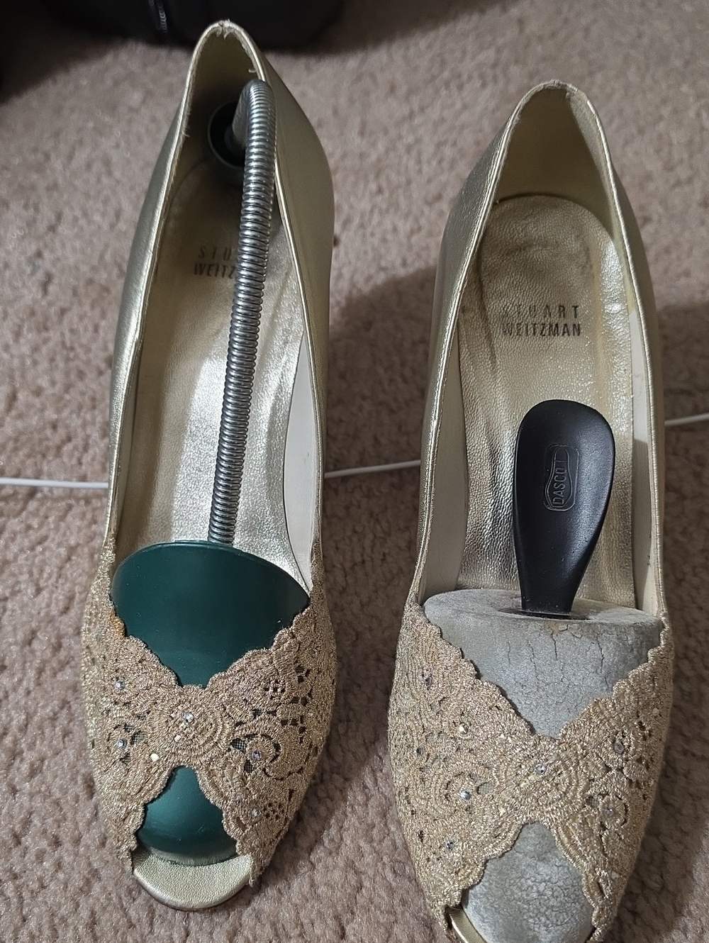 Stuart Weitzman Gold Lace Peep-Toe Heels with Sparkle